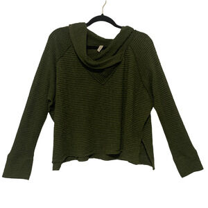 Elan‎ Olive Green Shawl Collar Waffle Sweater Small Cabin Oversize Boxy Raw Hem